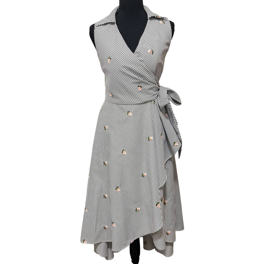 Calvin Klein Dress Sz 6 Gray White Striped Floral Embroidered Wrap Midi